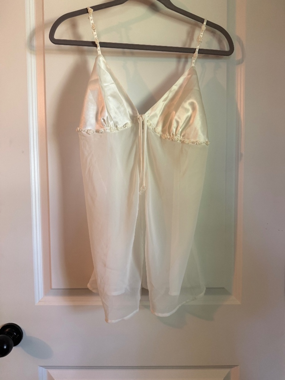 Y2K Inspired Satin Babydoll Lingerie Ivory Sheer Lace Trim Cami Top Romantic